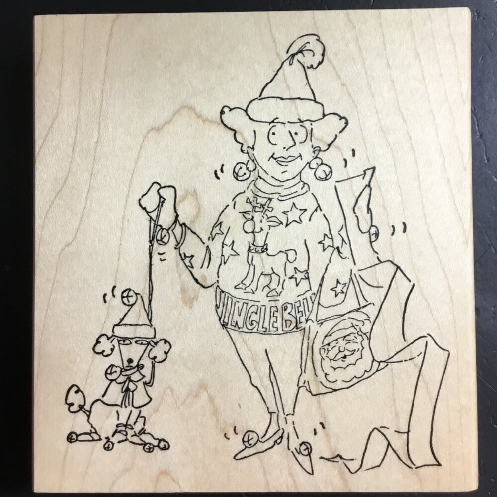 Ugly Sweater Lady & Festive Poodle Art Impressions Rubber Stamp T-3031